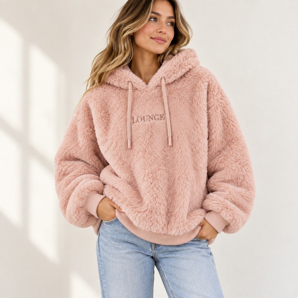 Lounge Apparel Women Teddy Fleece Hoodie Blush Pink Embroidered Logo Small